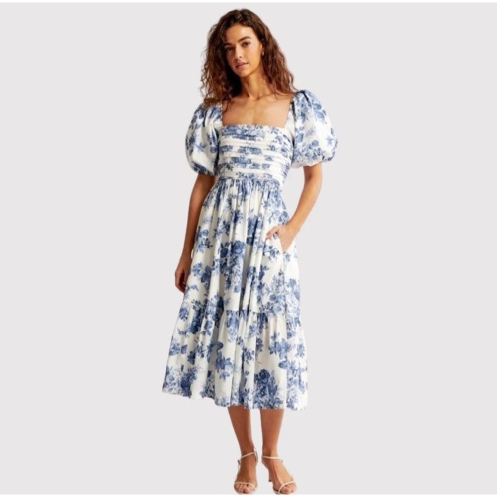 Abercrombie & Fitch Emerson Midi Dress Puff Sleeve Smocked French Cottage Art L